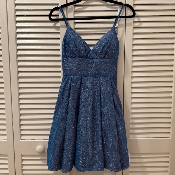 B. Darlin Blue Juniors' Glitter-Knit Skater Party Dress - Picture 1 of 3
